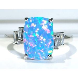 925 STERLING SILVER Lab Created Blue Lavender Fire Opal & CZ Ring